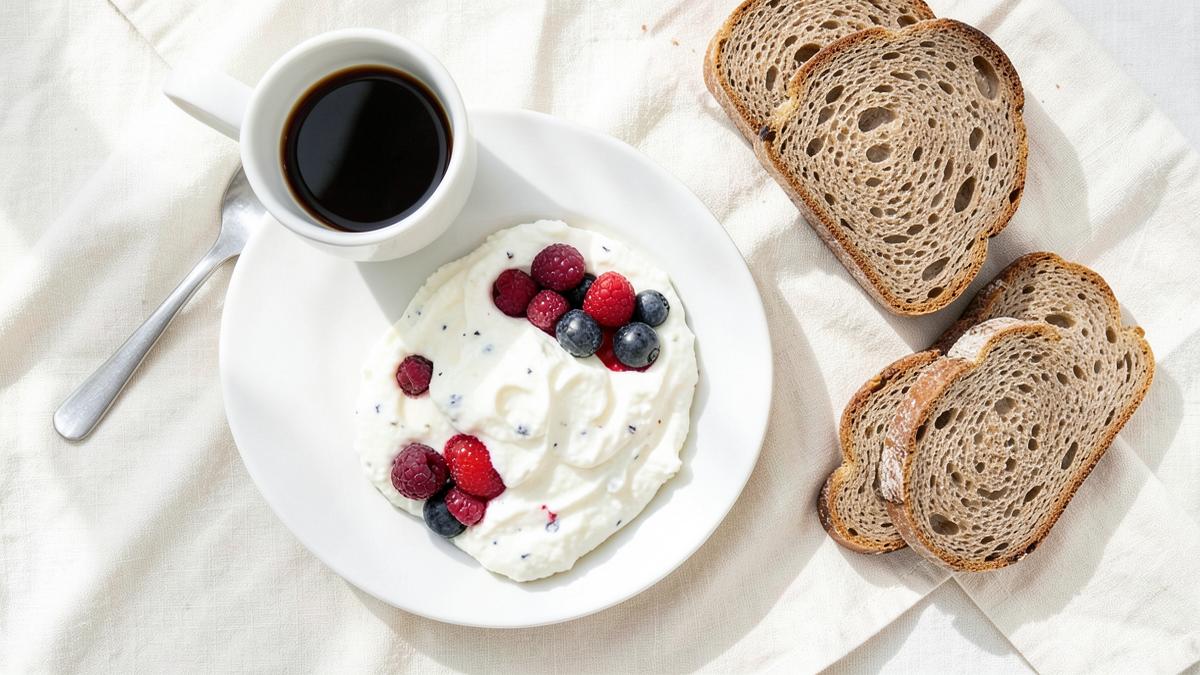 Ausgewogenes Frühstück mit Kaffee, Obst und Vollkornbrot