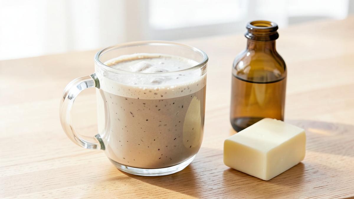 Cremiger Keto-Kaffee im Glas mit Butter daneben