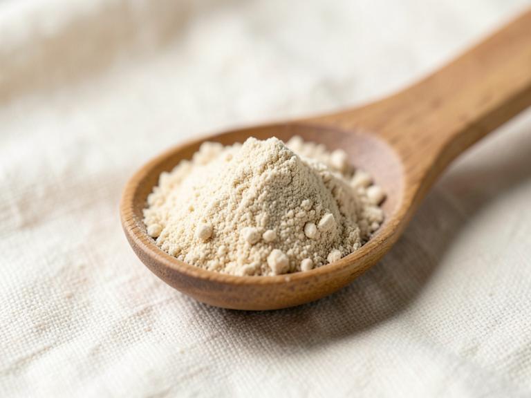 Heller Ballaststoff aus resistentem Dextrin auf einem Holzlöffel