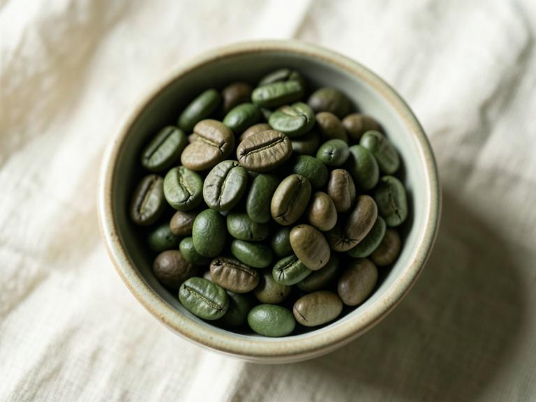Grüne, ungeröstete Kaffeebohnen in einer Keramikschale